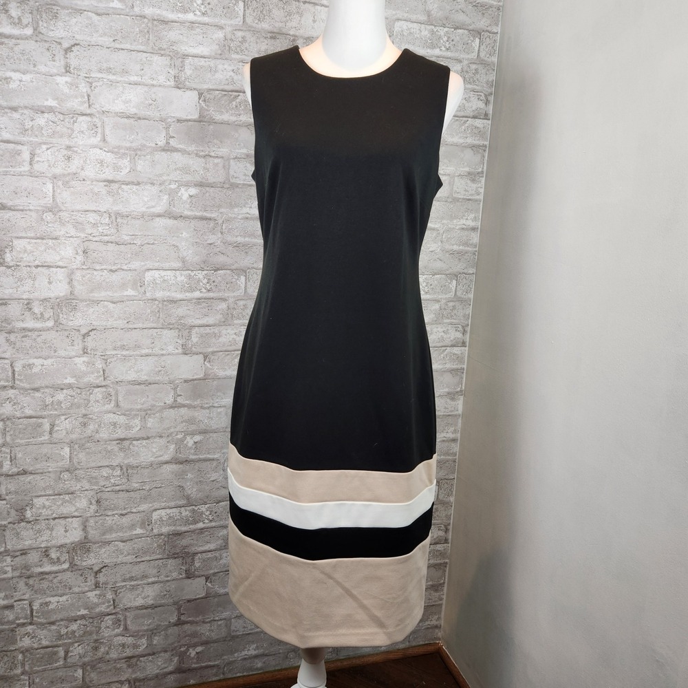 Calvin Klein Midi Dress Black Striped Tan White Colorblock Sheath Office 10
